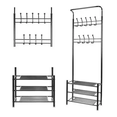 Fémvázas előszobai ruhaakasztó, fogas 3 db cipőtároló polccal, 18 db akasztóval, 192×29×65 cm, f