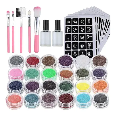 Glitter tattoos kit - 24 db színes csillámporral, rengeteg felragasztható sablonnal, ecsetekkel 