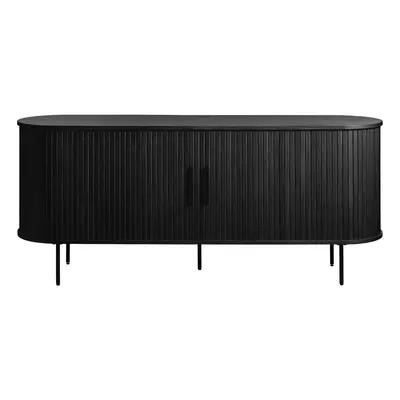 Fekete alacsony komód tolóajtóval, tölgyfa dekorral 76x180 cm Nola – Unique Furniture