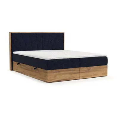 Sötétkék-natúr színű ágyneműtartós boxspring ágy 200x200 cm Asahi – Maison de Rêve